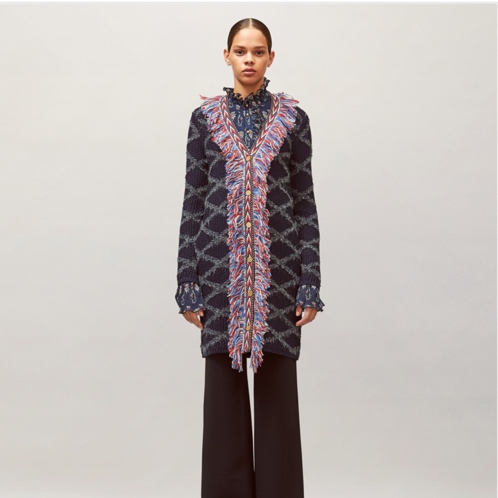 TORY BURCH TWEED TRIM LONG WOOL CARDIGAN WITH ALLOVER FRINGE IN TORY NAVY SIZE S - Picture 3 of 8